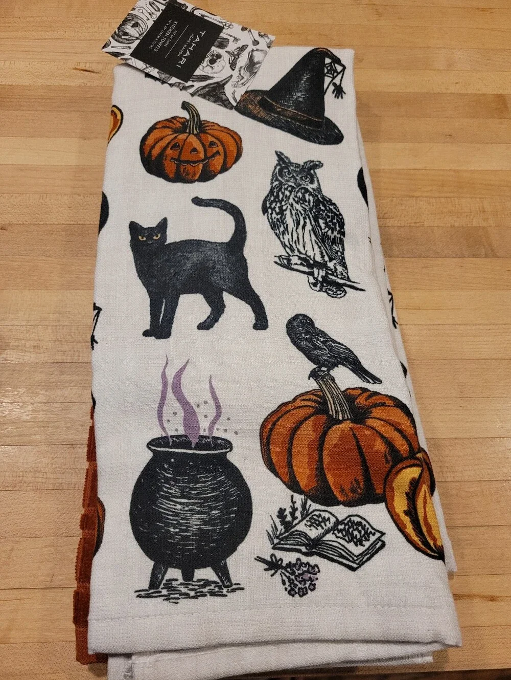 Tahari Halloween Kitchen Towels in Orange, Black, White